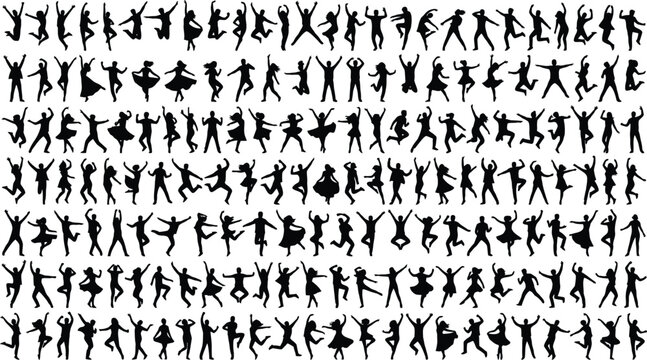 Collection of diverse human silhouettes dancing in various joyful poses