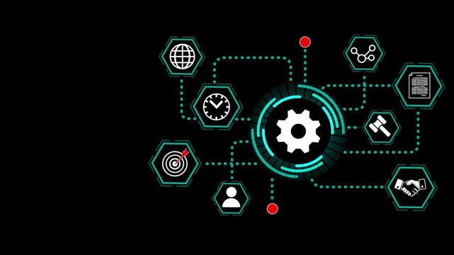 System Settings Interface with Neon Gear Icon, Connected Configuration Symbols and Hexagon Network Paths on Dark Digital Background Dashboard