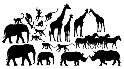 Fototapeta premium Black silhouettes of various African savannah animals.