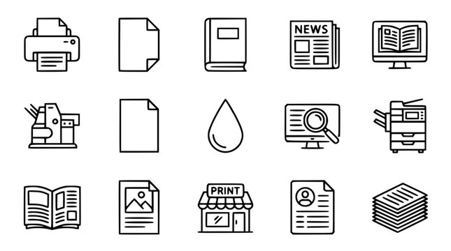 Collection of various office and printing related vector graphic icons