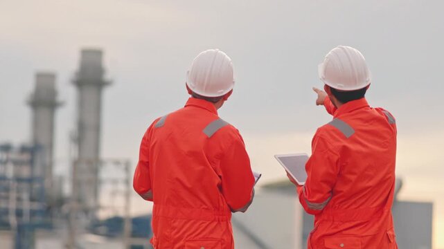 Asian male engineers discussing facility maintenance project during a beautiful sunset evening. Reliable infrastructure requires continuous monitoring and careful evaluation.