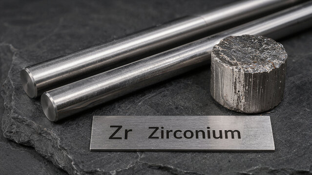 Metal rods and a metallic piece of zirconium displayed on a dark stone surface with a label showing the element symbol and name