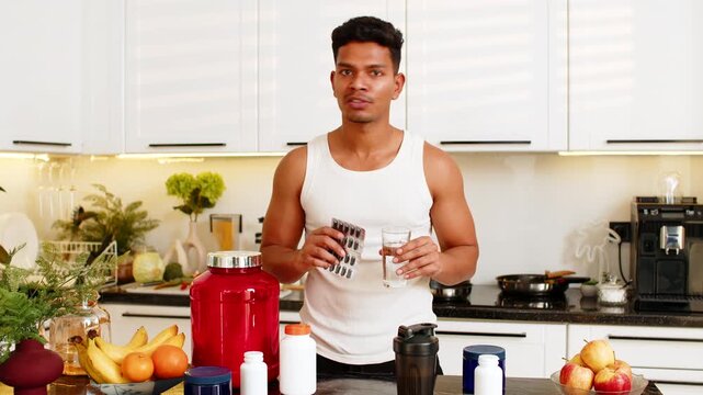 Indian man showing sports supplements and water in home kitchen while sharing fitness tips. Arabian guy smiling with pills and shaker during diet routine and active lifestyle guidance for gym goals.