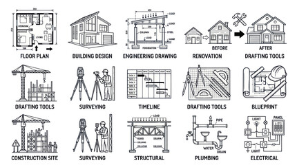 Obraz premium Architects use drafting tools for renovation and construction site surveying.