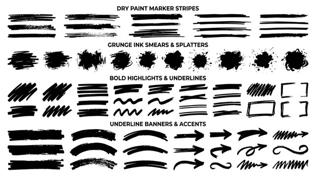 Graphic illustration of various dry paint marker stripes and cringe ink shears with bold highlights and underline banners.