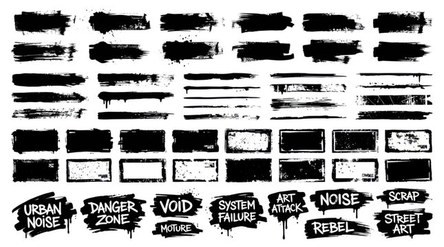Black brush strokes and labels on white background form urban art scene