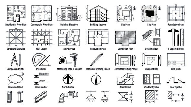 Various architectural and engineering tools illustrated in a detailed graphic