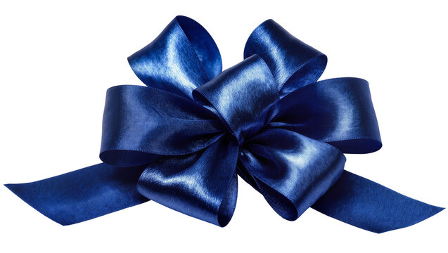 Shiny blue satin bow with flowing tails, isolated on transparent background