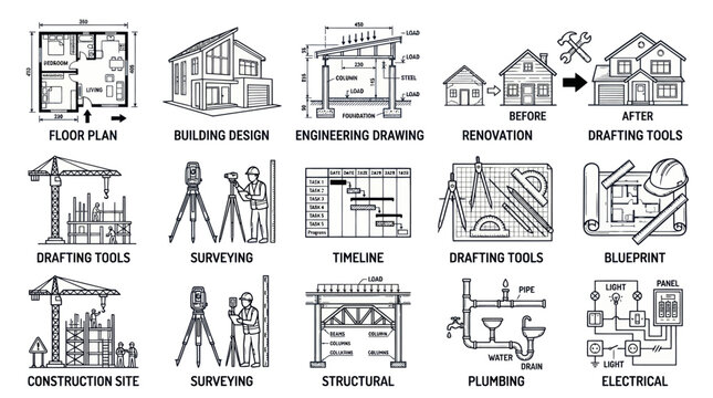 Architects use drafting tools for renovation and construction site surveying.