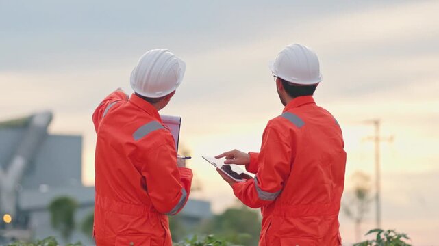 Asian male engineers discussing facility maintenance project outside the modern power station. Expert communication solves complex engineering problems rapidly. Smart solution.
