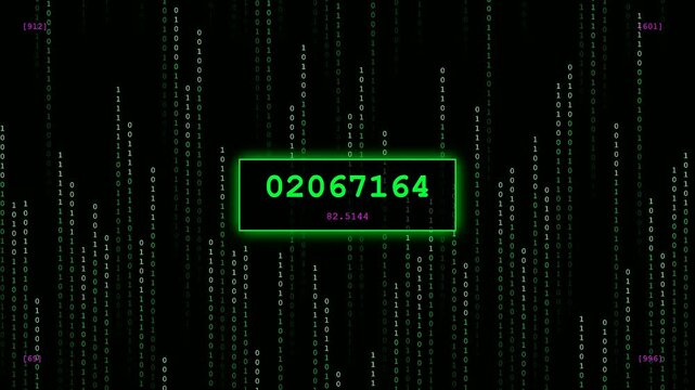 System resource monitoring appears as bright numerical data streams that flow across a dark screen interface while digits change rapidly inside glowing neon rectangular display frames