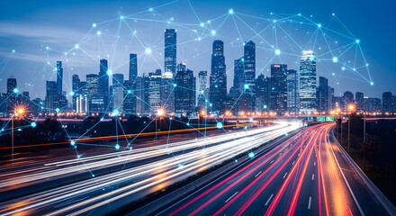 Fototapeta premium Smart city concept with digital network connections over a highway at night