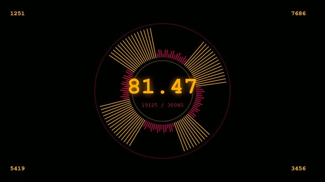 Digital displays showing system resource monitoring interfaces with glowing orange circular graphs and numeric data points in a dark void representing advanced computation tracking software