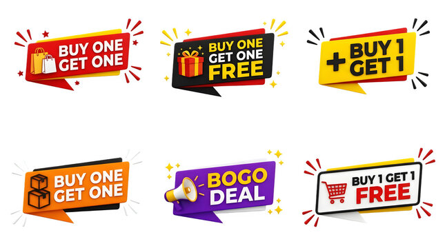 Set of buy one get one free bogo promotional sale banners isolated on transparent background