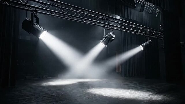 Three bright spotlights illuminate an empty wooden stage in darkness