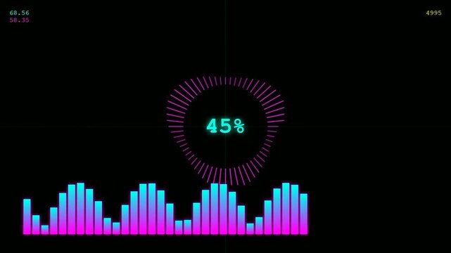 System resource monitoring interfaces cycle through shifting bar graphs and circular frequency waves displayed on a dark virtual screen showing changing percentage metrics for analytical data