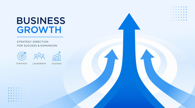 Business growth vector with upward arrows, strategy direction and success roadmap for corporate presentation banner design. Business growth illustration featuring expansion, leadership and achievement