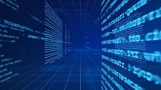 Abstract digital tunnel with glowing blue data code streams