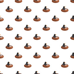 Obraz premium Small black birds sitting on brown nests with white eggs creating a continuous pattern
