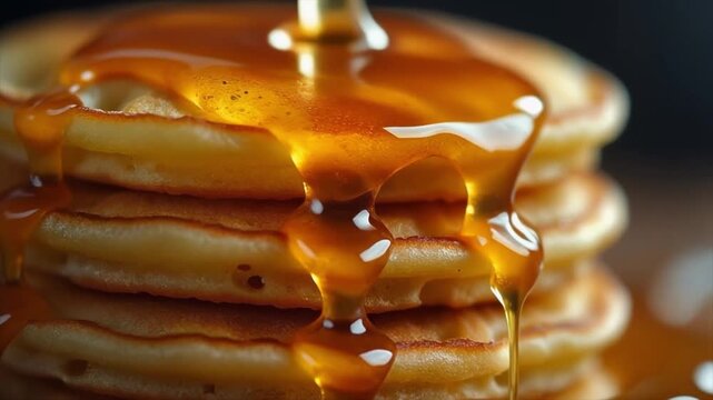 Close-up of a stack of golden pancakes with thick honey dripping down breakfast food
