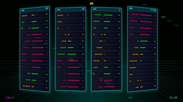 System resource monitoring dashboard displays multiple glowing server racks with colorful status bars against a dark digital grid environment in this modern computer network interface