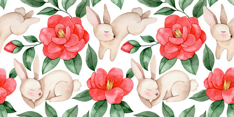 Fototapeta premium Easter pattern with cute watercolor Easter bunnies and pink flowers
