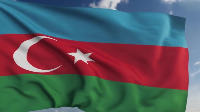 Close-up of the Azerbaijani flag waving in the wind against a cloudy blue sky Azerbaijan flag national flag
