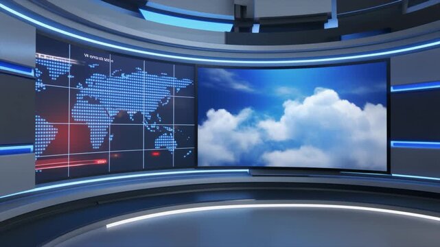 Futuristic news studio with curved screens displaying a world map and clouds broadcast television
