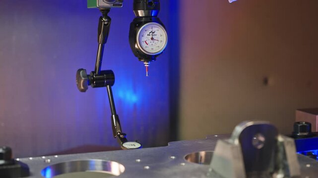 Dial indicator zero point calibration on metal workpiece in a factory workshop, showing precision setup, machining fixture, gauge needle, tolerance check and quality control process.