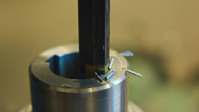 Internal slotting tool cuts a keyway inside a metal cylinder in a factory workshop, showing broaching process, sharp chips, precision machining and industrial production detail.