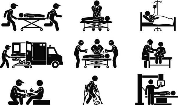 Emergency Medical Services and Hospital Care Pictogram Icon Set with Ambulance Paramedics First Aid Defibrillator Patient Treatment Injury Recovery and Clinical Surgery Vectors