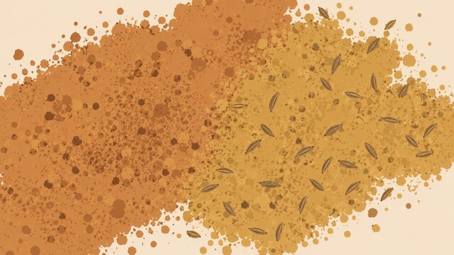 Aromatic ground spices and whole cumin seeds scattered on a light background.
