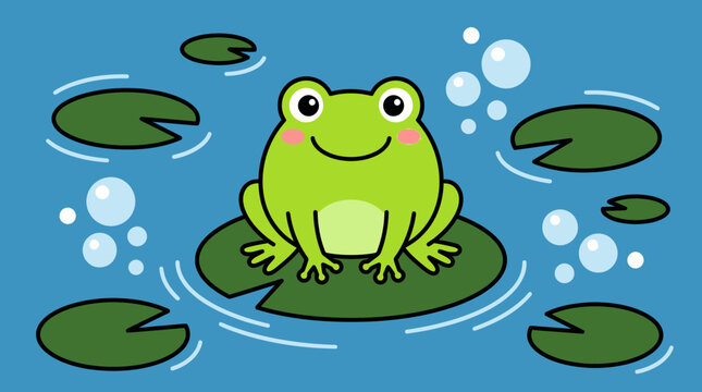 Smiling green frog on lily pad.