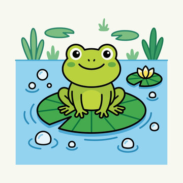 A green frog sitting on lily pad.