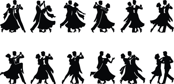 Couples Dancing Ballroom Style Silhouettes Isolated Transparent Background