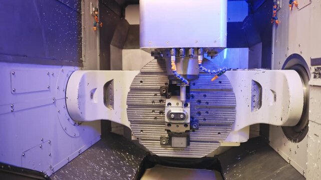 CNC milling machine cuts metal inside a modern factory, showing automated industrial manufacturing, precision engineering, rotating tools, coolant and close-up production process.