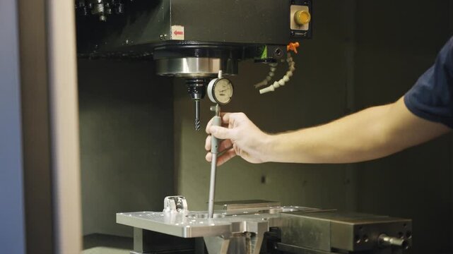 Dial indicator zero point calibration on metal workpiece in a factory workshop, showing precision setup, machining fixture, gauge needle, tolerance check and quality control process.