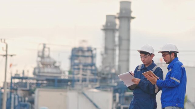 Asian male engineers discussing facility maintenance project to ensure optimal operational efficiency. Reliable infrastructure requires continuous monitoring and careful evaluation.