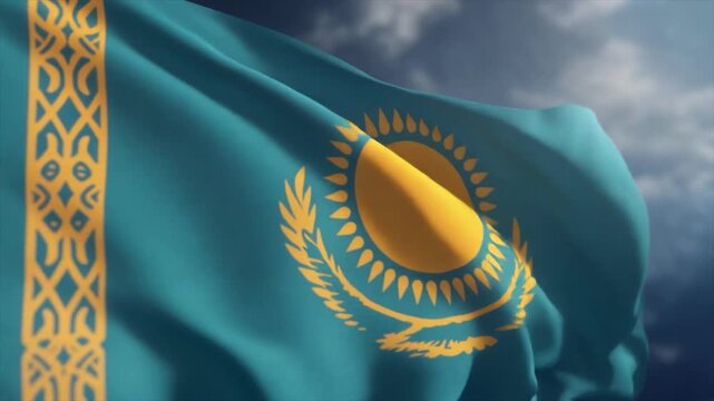 Kazakhstan Flag Waving in the Wind with Golden Sun and Ornate Border Against a Cloudy Sky fabric