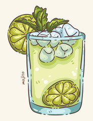 Niocte Classic mojito cocktail with fresh mint leaves and lime, cute cartoon doodle vector illustration © Patharakan