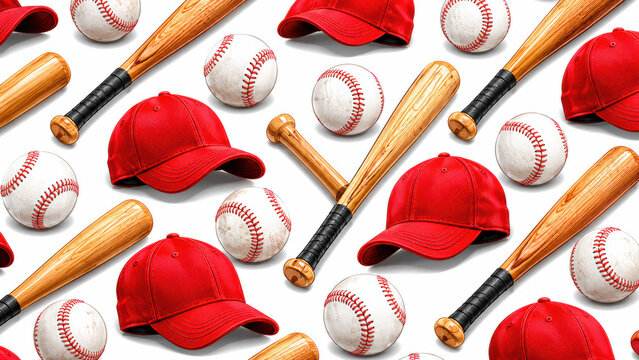 Baseball pattern with red caps wooden bats and white balls for sports design