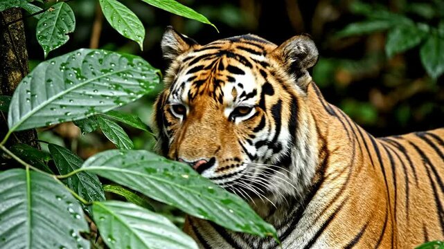 Stunning Sumatran Tiger Partially Hidden Behind Lush Broad Leaves in Natural Jungle Habitat