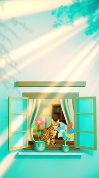 Vertical 2D vector animation of a bengal cat sitting by an open window with flower pots. Warm golden sun rays shining through, cozy lofi aesthetic loop video for mobile screens, 4k shorts.