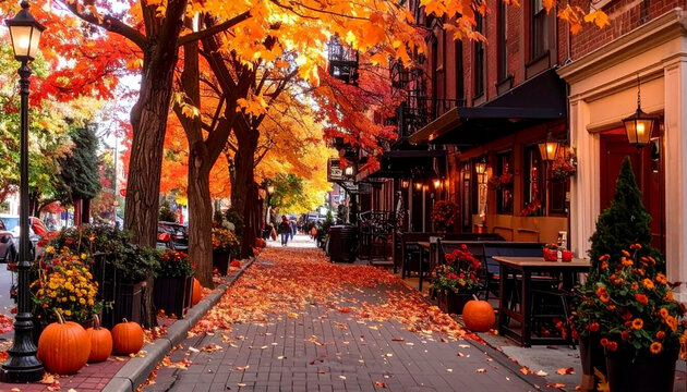 Charming autumn city street cozy cafe outdoor seating vibrant golden maple trees fallen leaves brick sidewalk decorative pumpkins fall flowers warm sunlight seasonal urban atmosphere scenic travel 