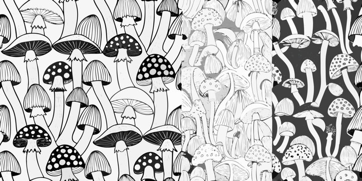 Mushroom pattern black and white vector illustration with detailed caps and stems