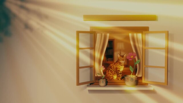 Beautiful 2D vector animation of a bengal cat sitting by an open window with flower pots. Warm golden sun rays shining through with dreamy shadows, cozy lofi aesthetic looping video, 4k.