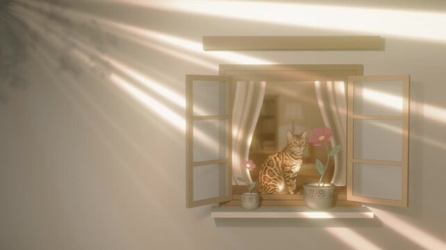 Beautiful 2D vector animation of a bengal cat sitting by an open window with flower pots. Warm golden sun rays shining through with dreamy shadows, cozy lofi aesthetic looping video, 4k.
