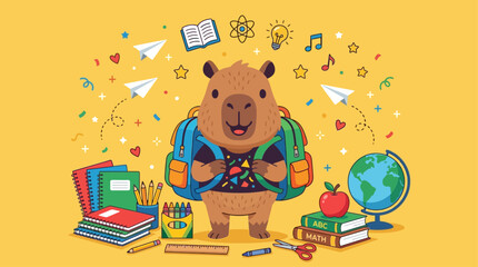 A capybara wearing a backpack stands amidst school supplies and books in a lively scene. © Fendi