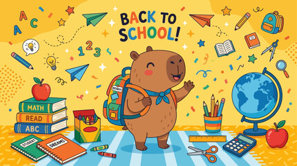 A capybara wearing a backpack stands on a table with school supplies and books around it in a lively room. © Fendi