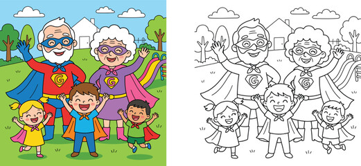 Superhero grandparents with grandkids in park coloring page and color vector illustration. Cute cartoon grandparents and children wearing superhero capes and masks.